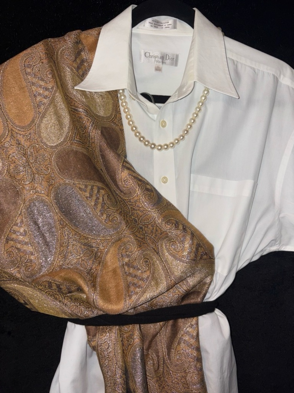 Vintage Metallic Paisley Fringe Pashmina Wrap Scarf OS Gold/Silver Luxury Glam
